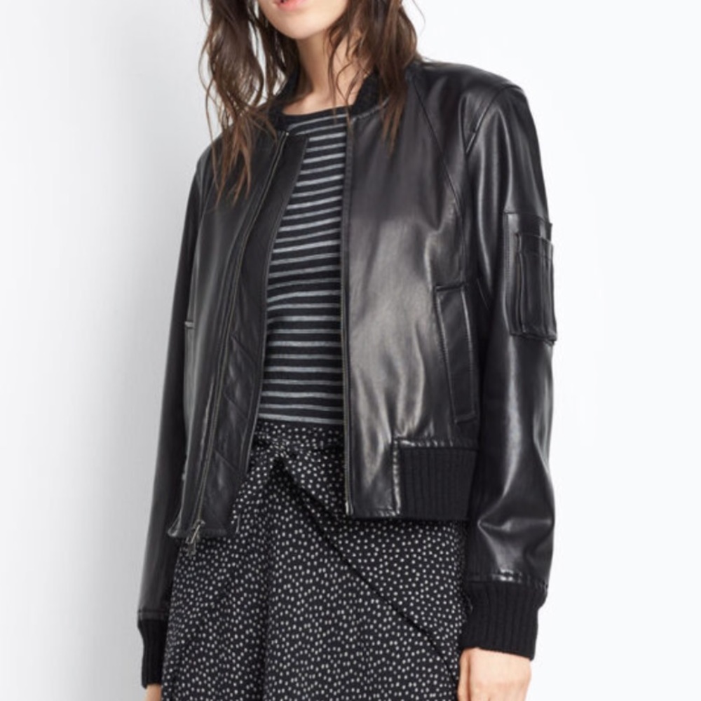 VINCE Genuine Lamb Leather Black Bomber Jacket - Medium - Picture 1 of 8